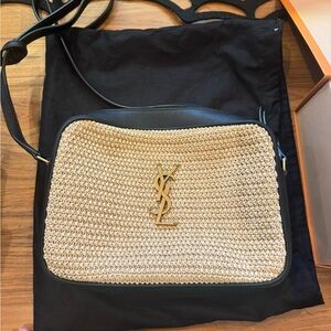 YSL Raffia Canvas Monogram Lou Camera Bag Naturel